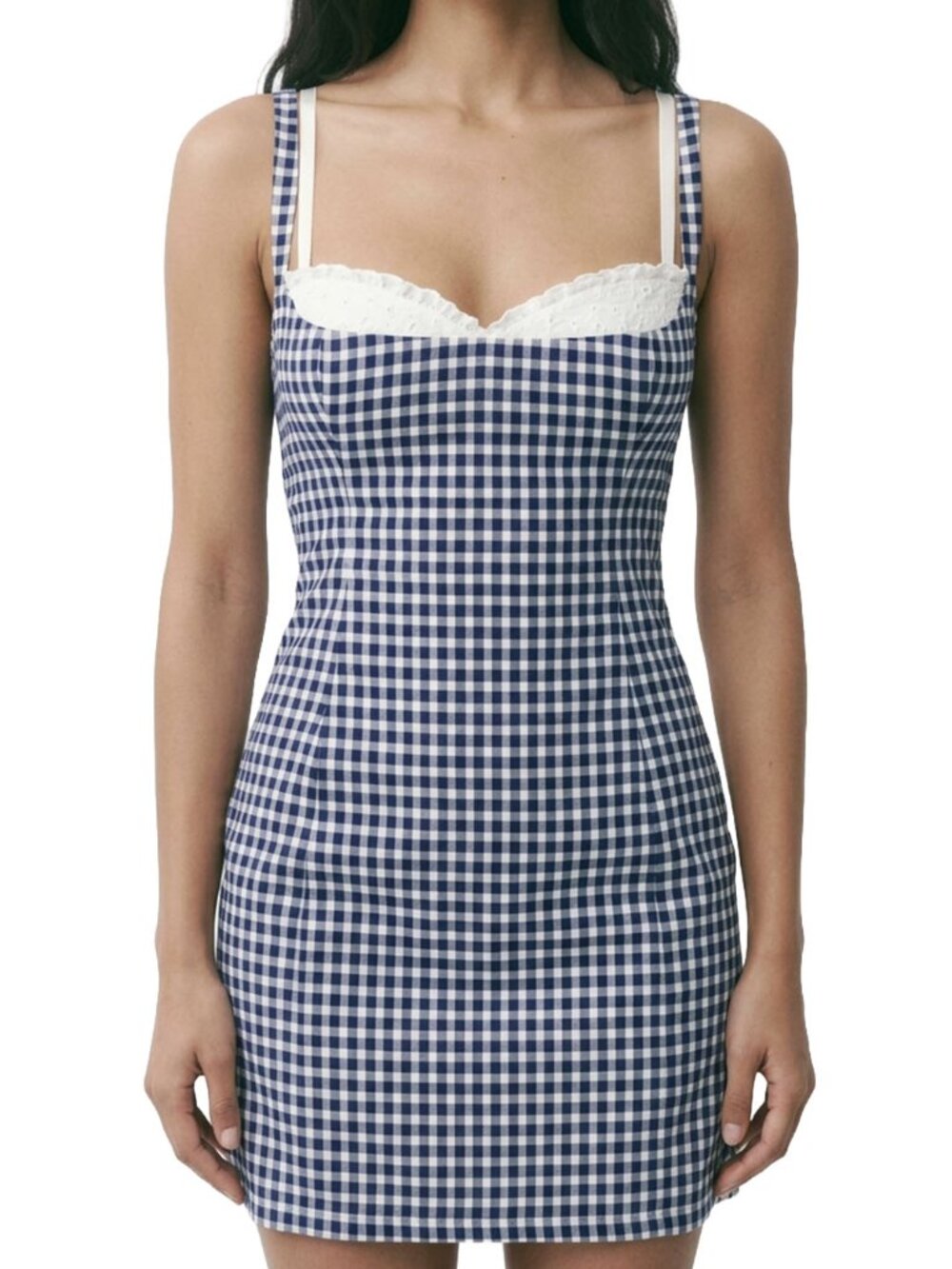 Reformation Lovella Linen Mini Dress Gingham Navy White Lace Trim 8